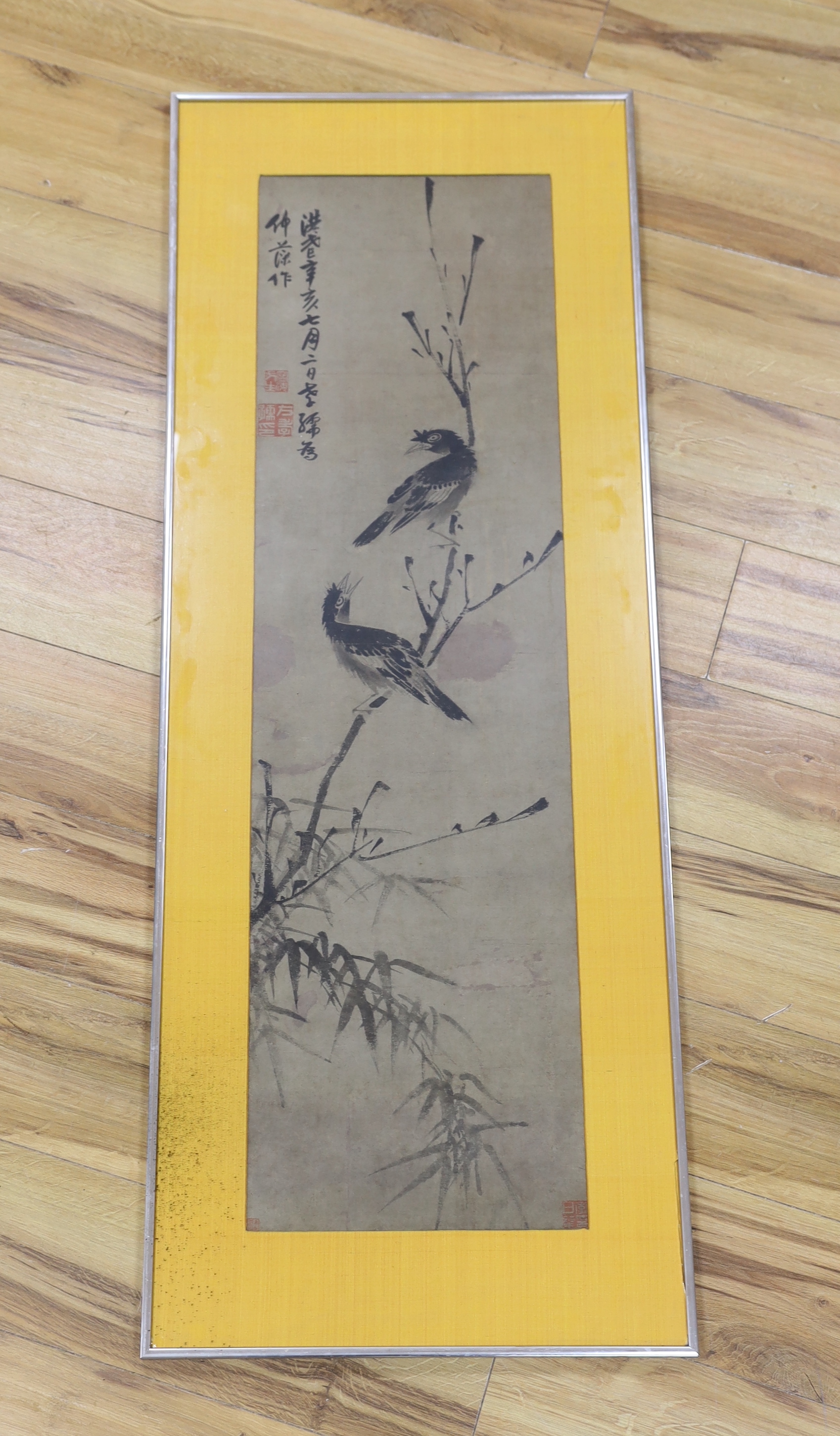 A late 19th / early 20th century Chinese watercolour, Blackbirds on a branch, 110 x 30cm